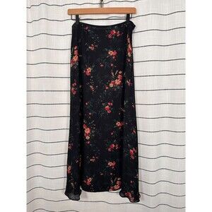 Lauren by Ralph Lauren Y2K Black Floral Georgette Silk Midi Skirt  8 Coquette